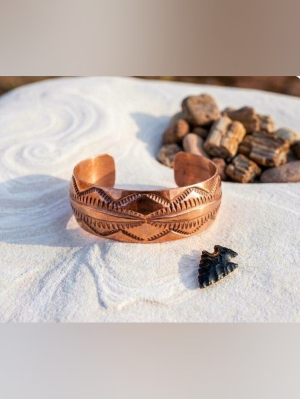 Signed Engraved Copper Cuff Bracelet Stamped Pattern No Stone.